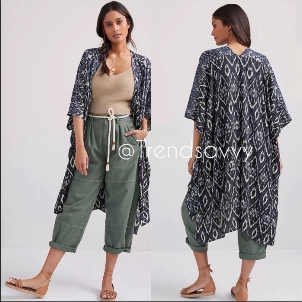 Anthropologie Black Blue Ikat Kimono Duster Open Front Boho Vacation Layering OS